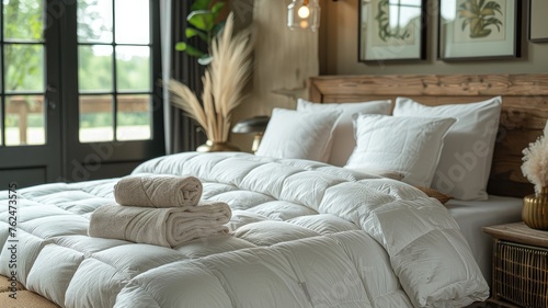 a freshly folded duvet placed on a bed in a sunlit room, evoking a sense of comfort and tranquility.