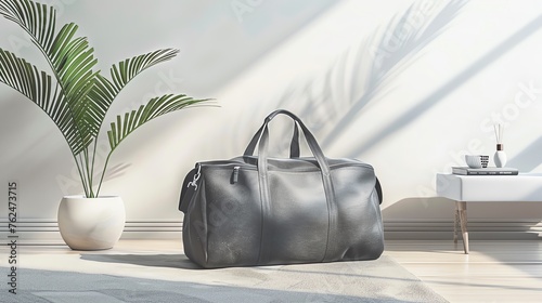 A 3D realistic duffel bag mockup showcased in a travel setting with customizable color options.