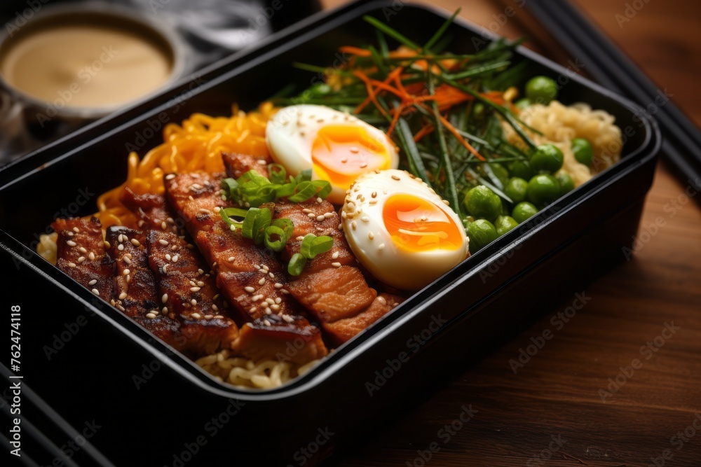 Juicy ramen in a bento box against a natural brick background