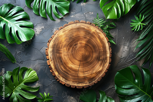 Blank wooden cross section, nearby monstera leaves on a green surface. Showcase for cosmetic products. Natural organic concept. view from above