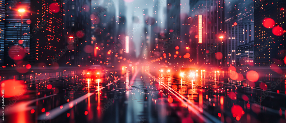Night City Lights and Street Bokeh, Abstract Urban Scene with Blurred Car Lights and Rainy Ambiance