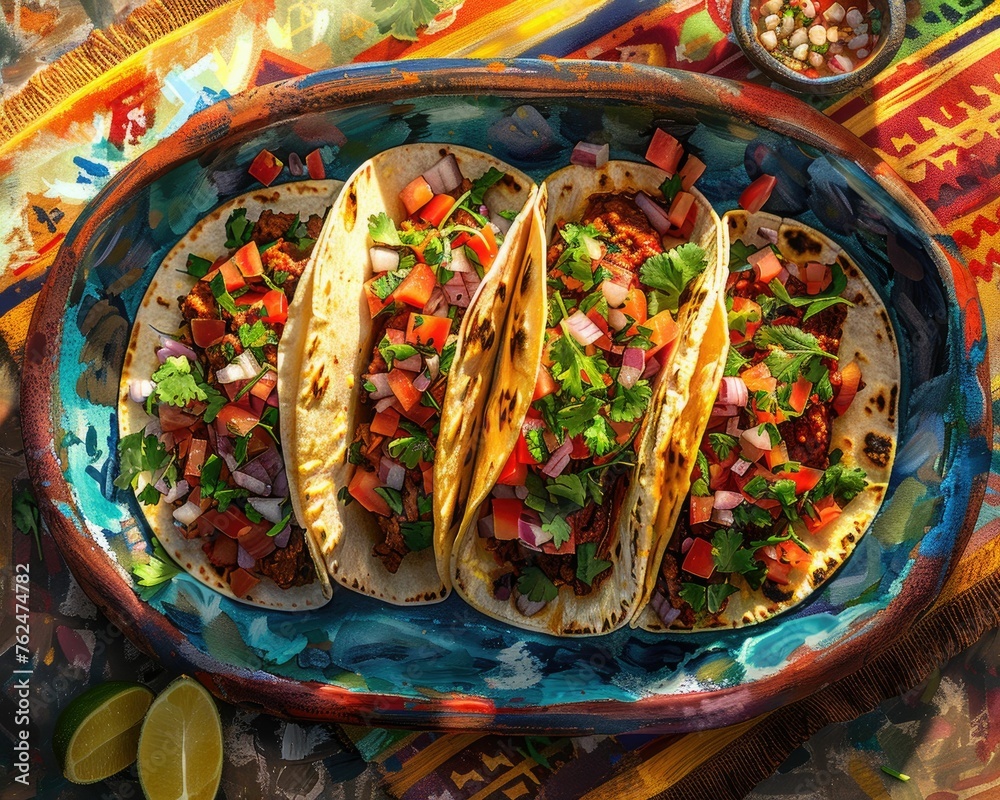 Tacos served on a textile tablecloth, rendered in Impressionism, showcasing the interplay of light, texture, and color