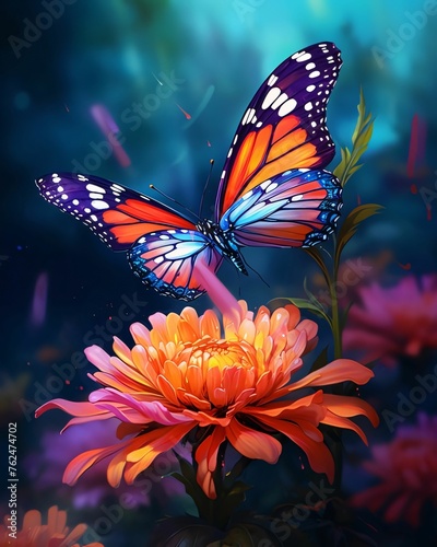 Orange flower and tiger orange butterfly boarding on it dark background. Flowering flowers, a symbol of spring, new life.