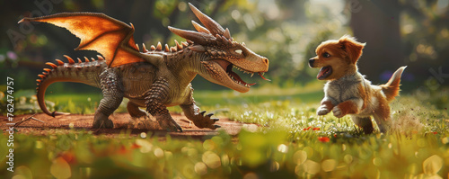 A dragon and a dog are playing in a field. The dog is running and the dragon is standing still