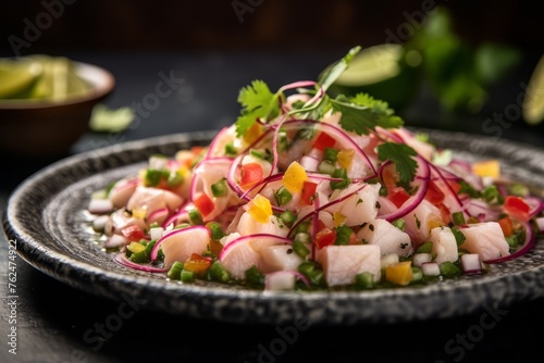 Juicy ceviche on a slate plate against a natural brick background