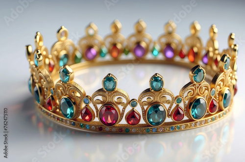 Golden king crown with colorful precious stones on isolated background. 
