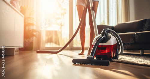 floor vacuum cleaner, housework cleaning, electric vacuum, living room floor, home photo