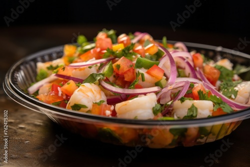 Juicy ceviche on a plastic tray against a natural brick background