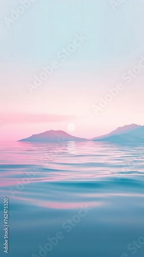 Serene sunset with soft pink hues over tranquil water and distant mountains.