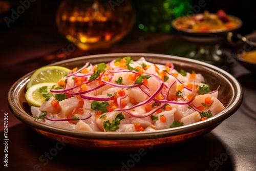 Juicy ceviche on a plastic tray against a natural brick background