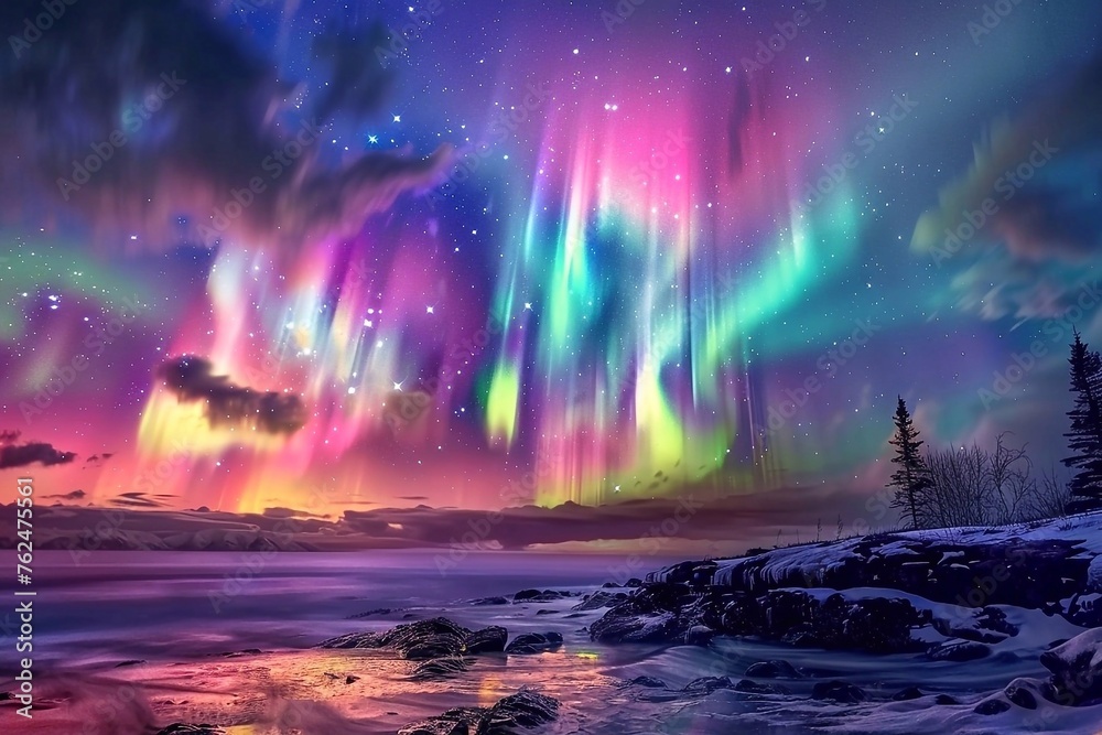 Northern lights in the night sky. Aurora borealis, northern light