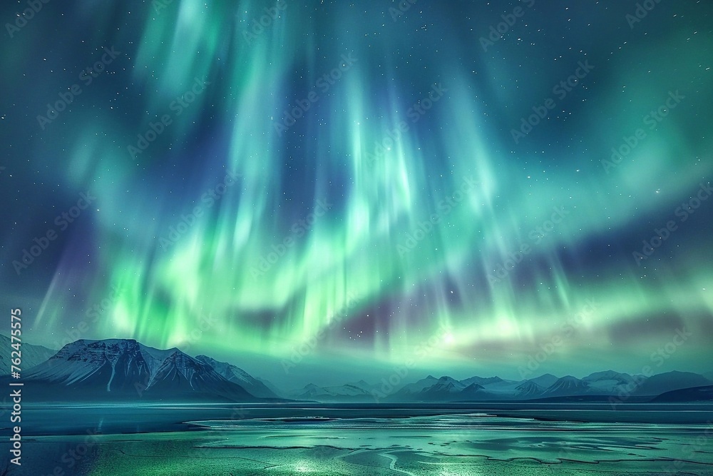 Aurora borealis, northern lights in the night sky over the sea and snow-capped mountains.