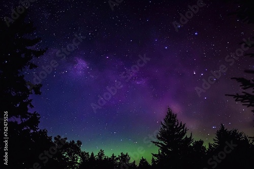 Northern lights in the night sky above the silhouettes of spruce trees in the forest. Northern lights, northern lights.