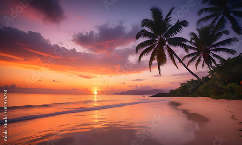 Sunset on the beach with palm trees and rocks. Beautiful sunset on the beach, Scenic Tropical Beach Sunset Landscape, Beautiful poster drawn in watercolor style Summer, Generative ai © Iftikhar