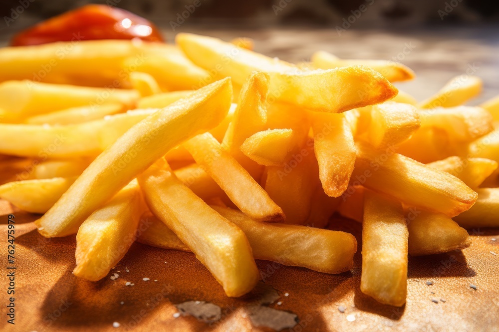 Juicy french fries on a marble slab against a natural brick background Juicy french fries on a marble slab against a natural brick background