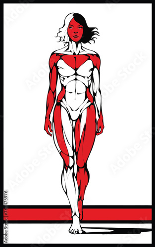red white black modern style minimalist lines of a strong muscle pose strong body builder anatomy man at gym with bundle Doing exercises in all body positions using different gym equipment
