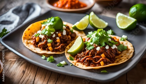 Two Mexican tacos with wheat tortillas stuffed with osso buco birria with pieces of lime to garnish on a clay plate  © JohnLee