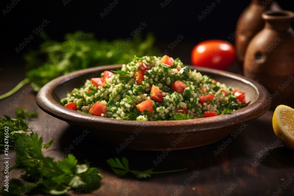 Exquisite tabbouleh on a rustic plate against a natural brick background Exquisite tabbouleh on a rustic plate against a natural brick background