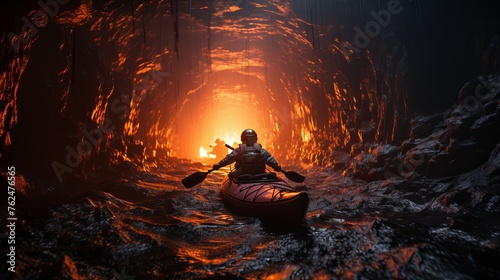 silhouette of a rescuer in a helmet with an oar against the backdrop of an apocalyptic landscape.
Concept: natural disasters, courage and heroism of firefighters photo