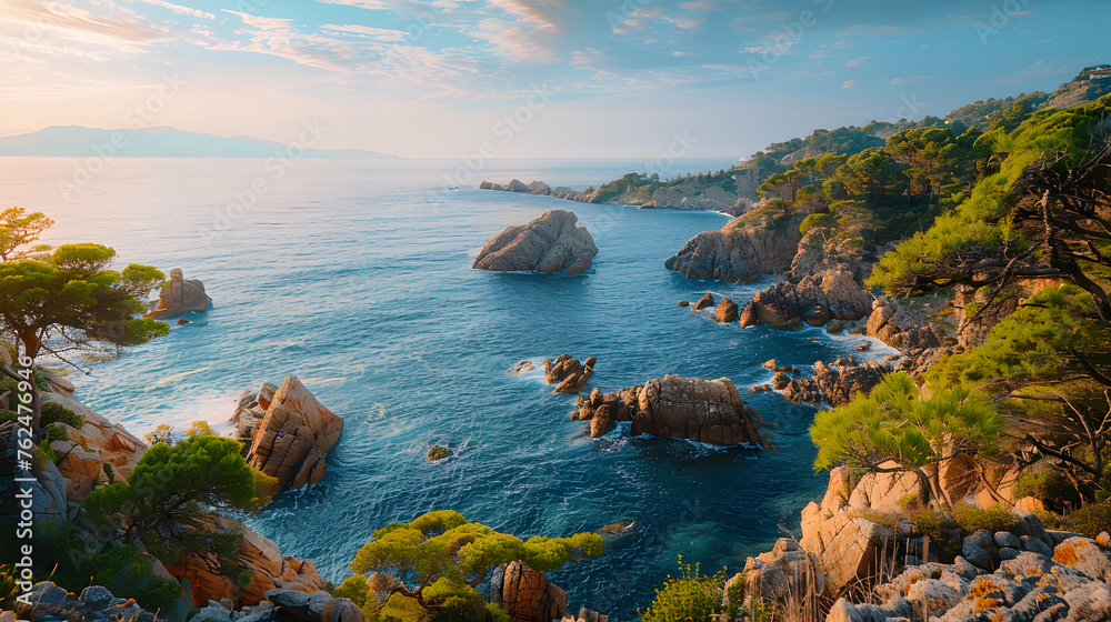 A photo of the Costa Brava coastline, with rocky cliffs as the background, during a serene morning