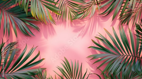 Tropical leaves Monstera and palm tree leaf on pink background. Flat lay  top view  generative ai