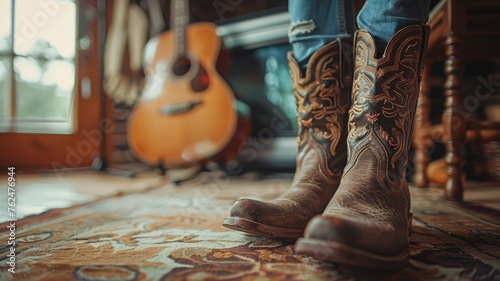 Country music vibe with vintage cowboy boots and a classic guitar photo