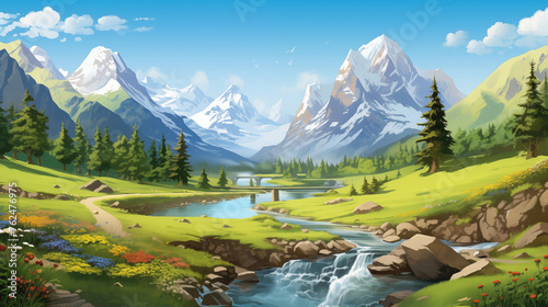 Idyllic Mountain Valley with River and Waterfall - Animated Scenery © Miva
