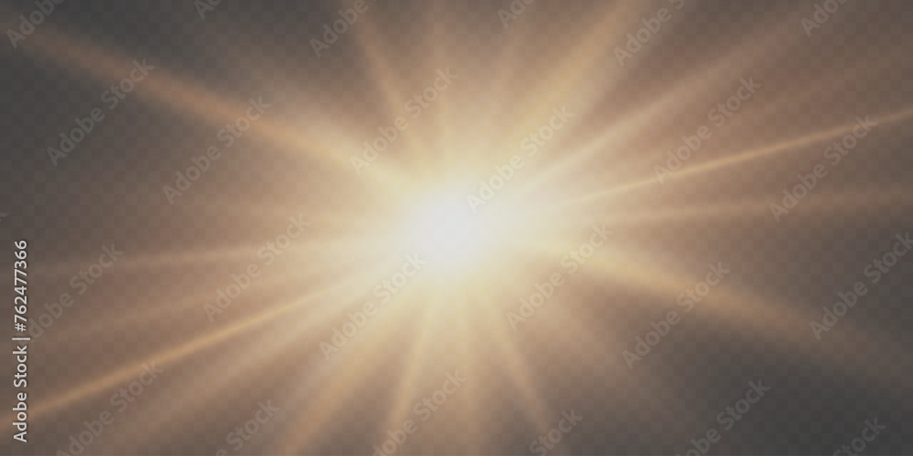 Bright golden rays of light and sun, spotlights, lighting on a transparent background