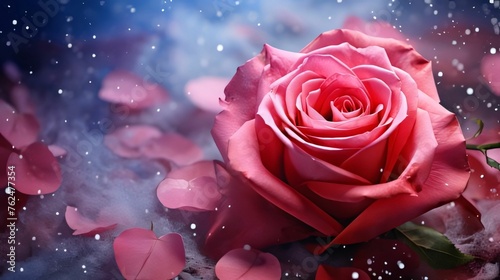 Red rose flower around scattered red rose petals  banner with space for your own content. Flowering flowers  a symbol of spring  new life.