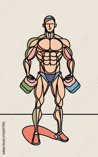 red white black modern style minimalist lines of a strong muscle pose strong body builder anatomy man at gym with bundle Doing exercises in all body positions using different gym equipment
