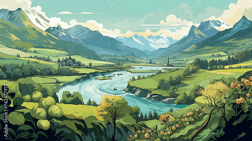Serene Valley Landscape with River and Mountains Illustration