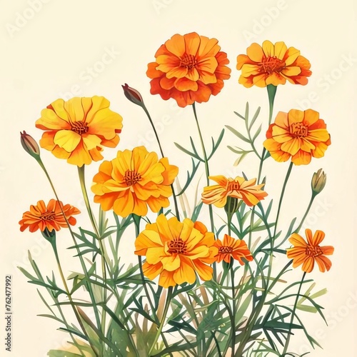 Drawn, painted flowers: orange marigold flowers with green stem and leaves. Flowering flowers, a symbol of spring, new life.