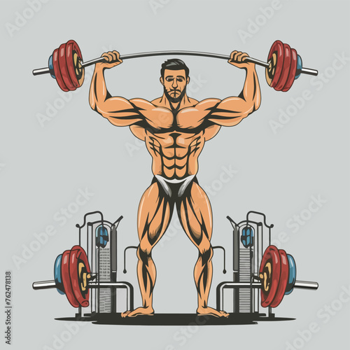 red white black modern style minimalist lines of a strong muscle pose strong body builder anatomy man at gym with bundle Doing exercises in all body positions using different gym equipment
