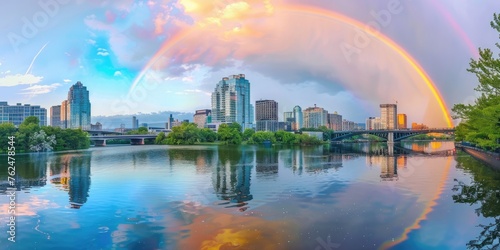 Rainbow Over Revitalized Urban River for Earth Day Celebration