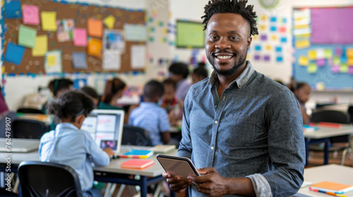 African American smiling teacher standing in front and holding a tablet, with students working at desks behind him