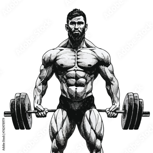 red white black modern style minimalist lines of a strong muscle pose strong body builder anatomy man at gym with bundle Doing exercises in all body positions using different gym equipment
