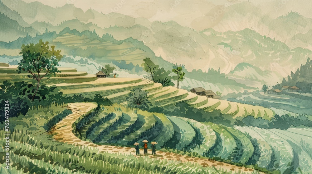 Harmonious Eco-Farming: Terraced Rice Paddies and Workers on Earth Day