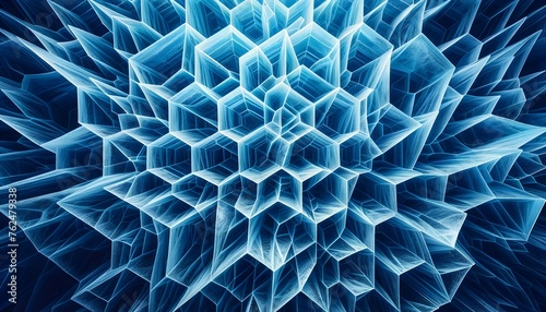 abstract blue background, An intricate array of glowing blue crystalline structures radiates from the center, creating a dynamic and fractal-like ice pattern.
