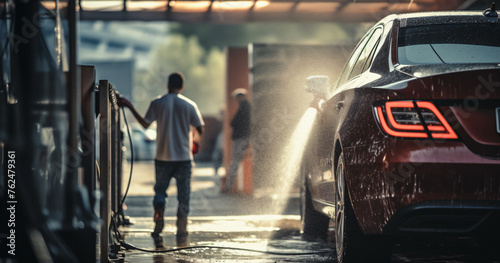 car sprays foam, Worker washing car, self service car, Cleaning car, Advertising, Banner, high pressure water