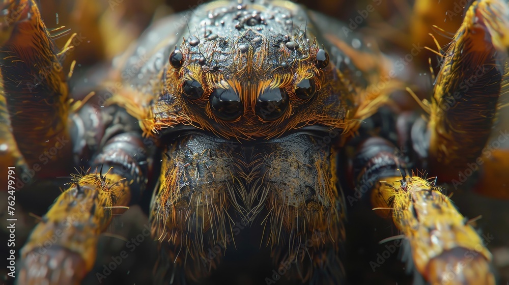 A macro shot captures the textured surface of a spider embellished with morning dew, highlighting every hair and eye. A macro shot captures the textured surface of a spider embellished with morning dew, highlighting every hair and eye.