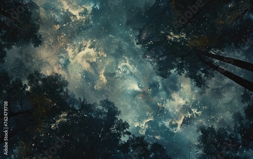 Celestial Symphony: Night Sky Merging with Lush Forestscape photo
