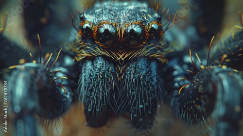 Extreme close-up of a jumping spider, showcasing its reflective eyes and vividly colored hairs with stunning clarity.