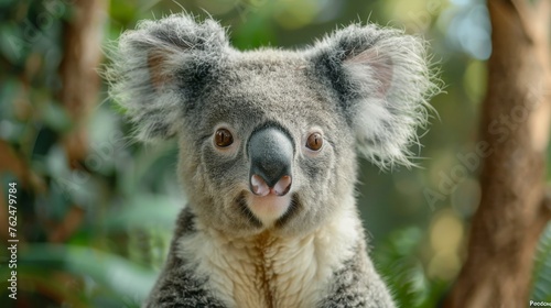 A koala gazes gently at the camera  its fluffy ears prominent  against the soft green backdrop of its natural habitat.