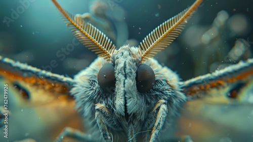 A breathtaking macro shot capturing the intricate detail of a moth's antennae and compound eyes with striking clarity and depth.