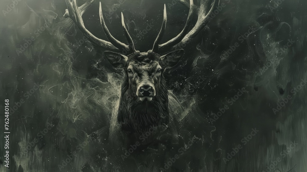 A majestic stag with impressive antlers emerges from an ethereal mist, creating a sense of mystery and wilderness.