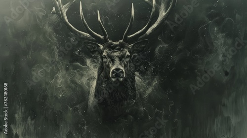 A majestic stag with impressive antlers emerges from an ethereal mist, creating a sense of mystery and wilderness. photo
