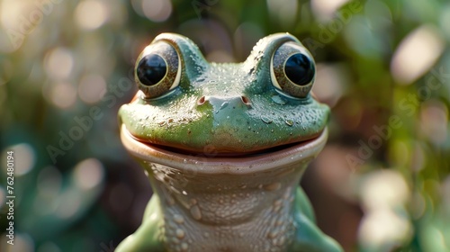 An up-close image of a cheerful frog with a beaming smile  basking in the sunlight  amidst a blurred green backdrop.