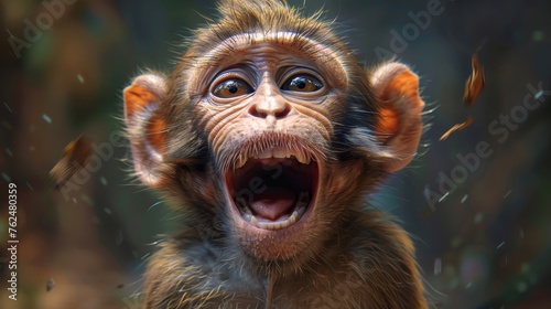 A young monkey with a wide-open mouth, seemingly shouting or calling, set against a blurred natural backdrop with flying debris, capturing its dynamic expression.