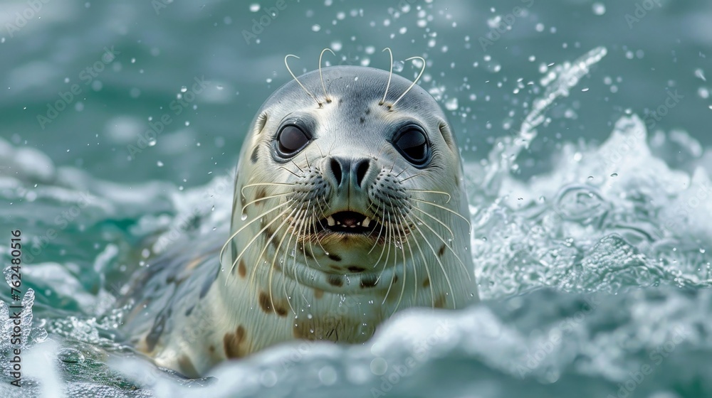 Fototapeta premium A harbor seal's face emerges from the sparkling ocean waters, its whiskers and curious eyes capturing the playful essence of marine life.