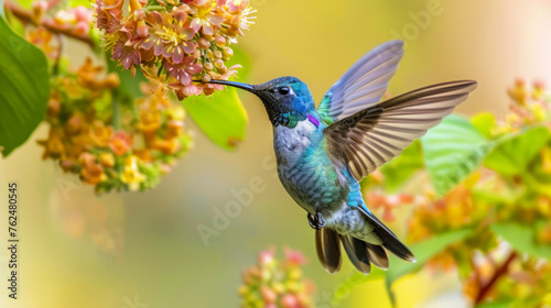 Blue hummingbird hovering in mid-air while extracting nectar from orange and yellow blossoms